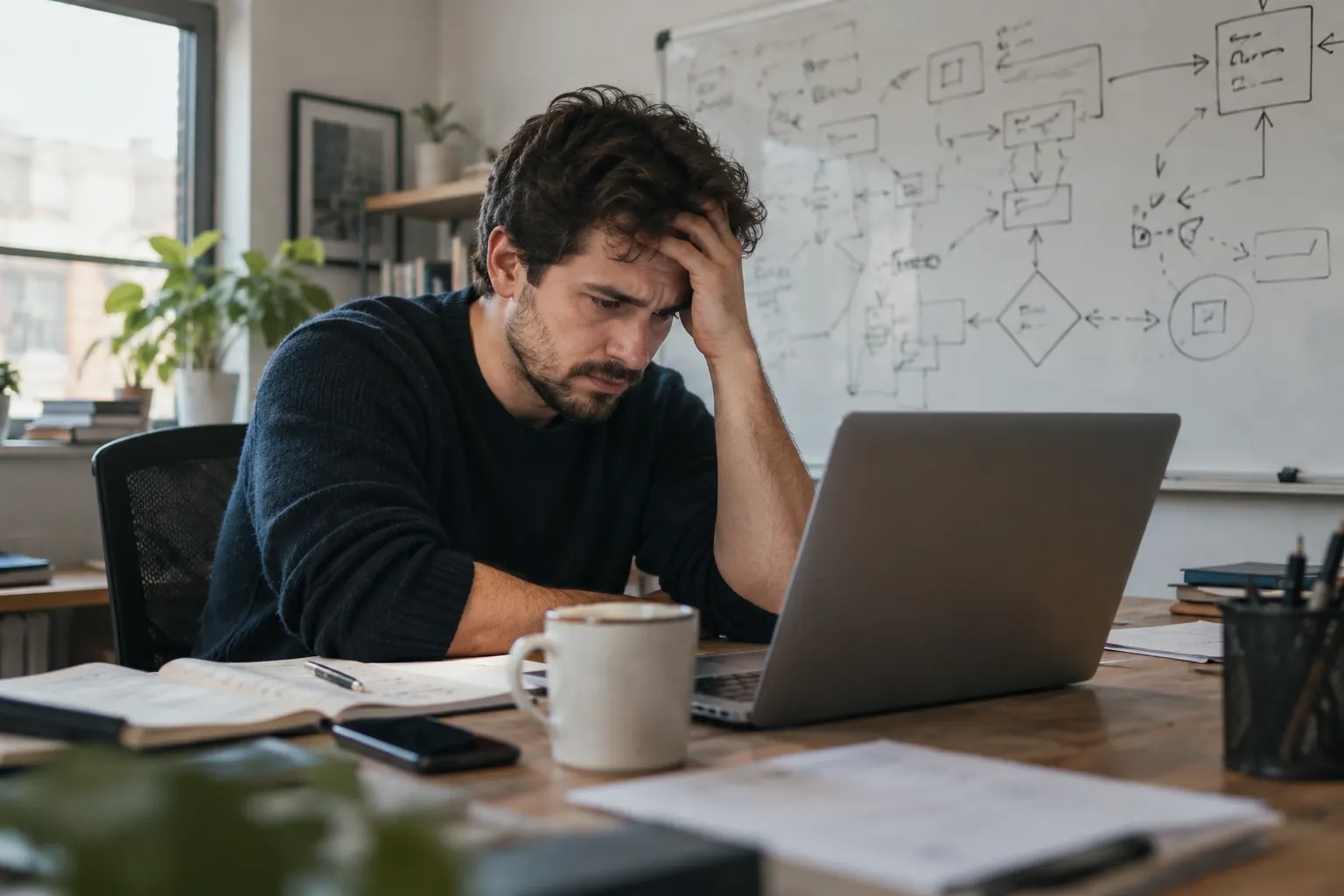 Founder reading replies on a laptop in front of a whiteboard of automation flowcharts