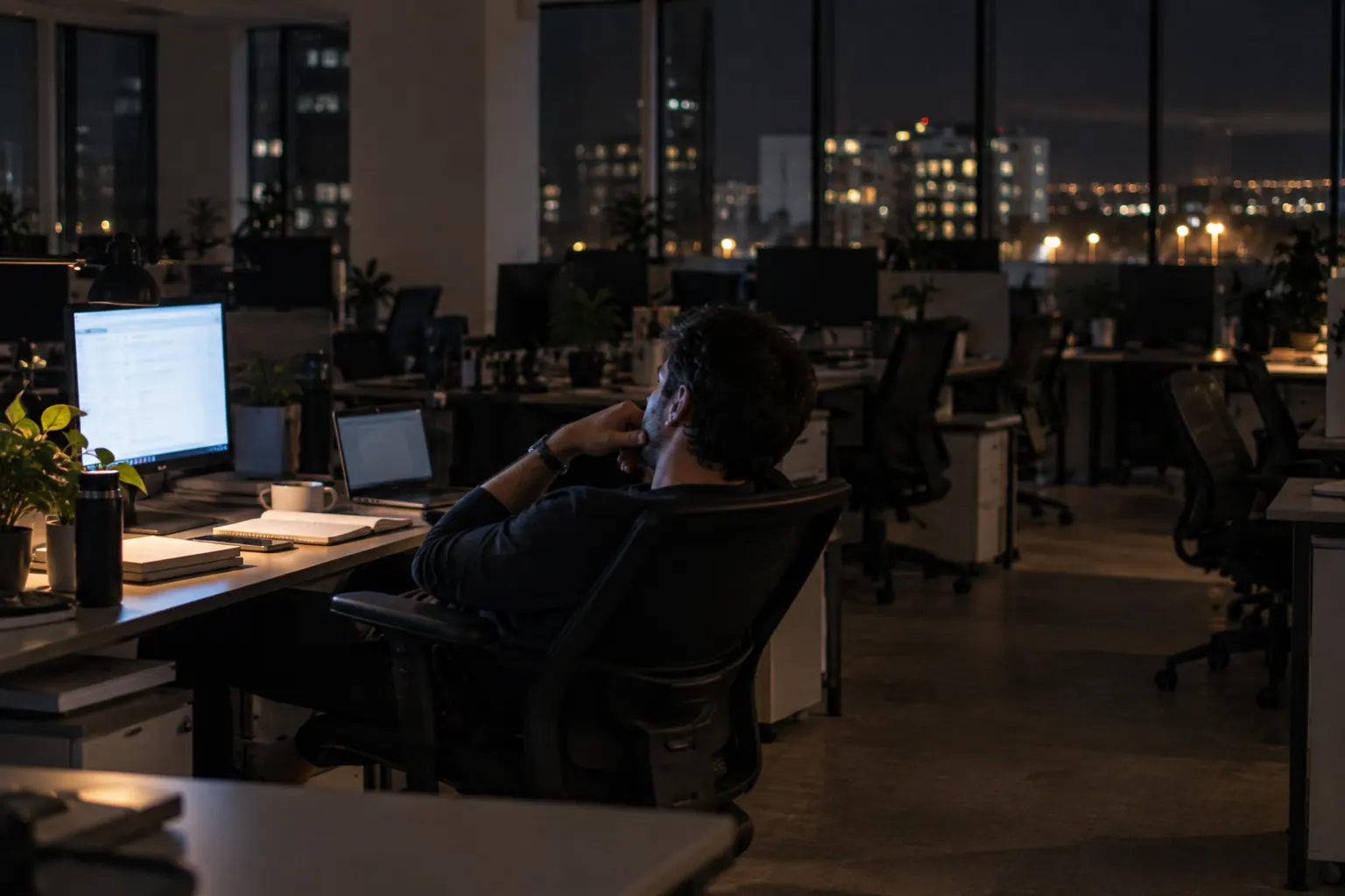 Tired salesperson alone in an open plan office at night lit by a monitor