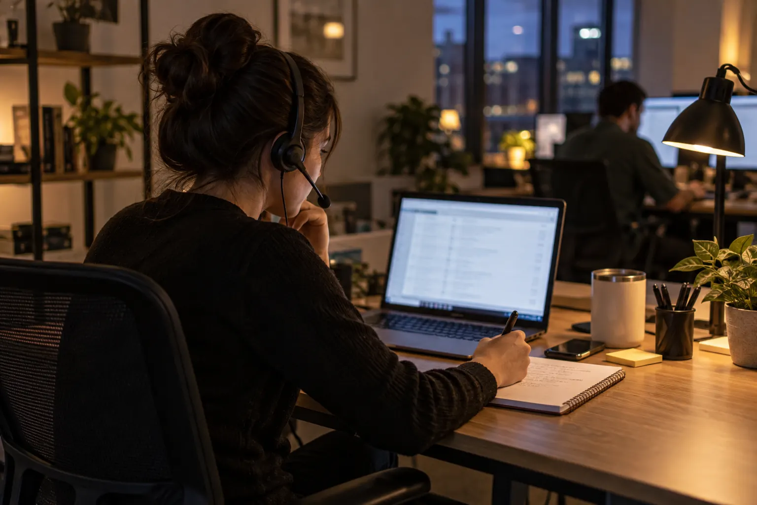 Sales development rep with a headset making calls at a desk in a startup office